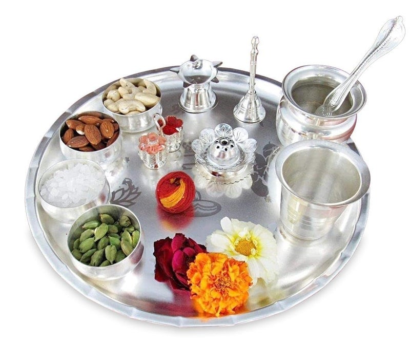 NOBILITY Pooja Thali Set Silver Plated Large 12 Inch Puja Thali for Diwali Decoration Gift Items Festival Ethnic Puja Thali for Temple Office Home Wedding Return Gifts - Image 1